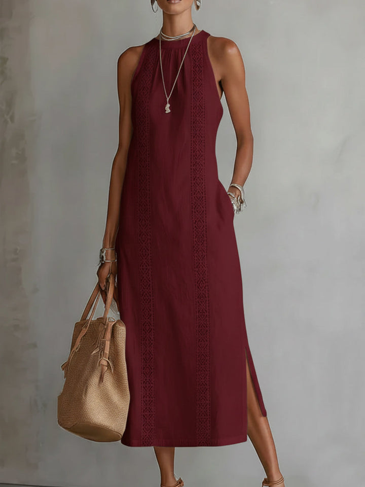 Robe midi en coton et lin à col mao