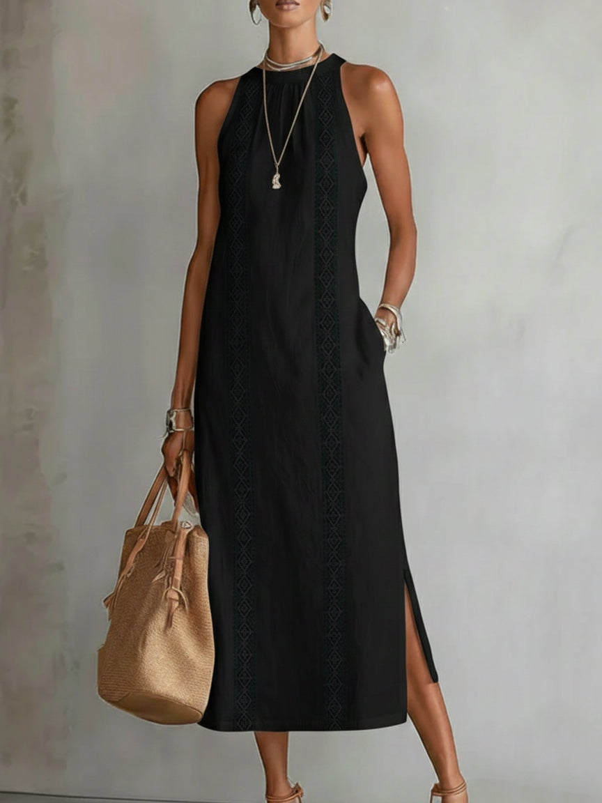 Robe midi en coton et lin à col mao