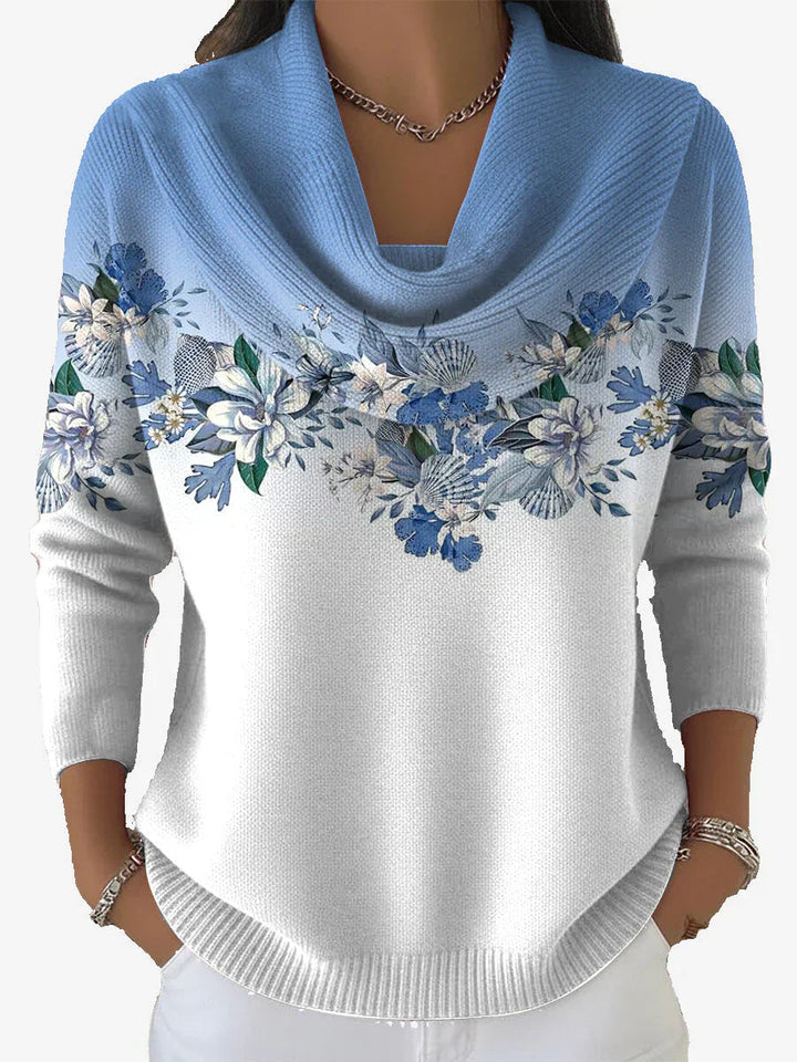 Tasnime pull fleuri dégradé à col doux - Bleu